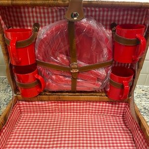 Vintage Wicker hard woven picnic basket luggage bags utensils included